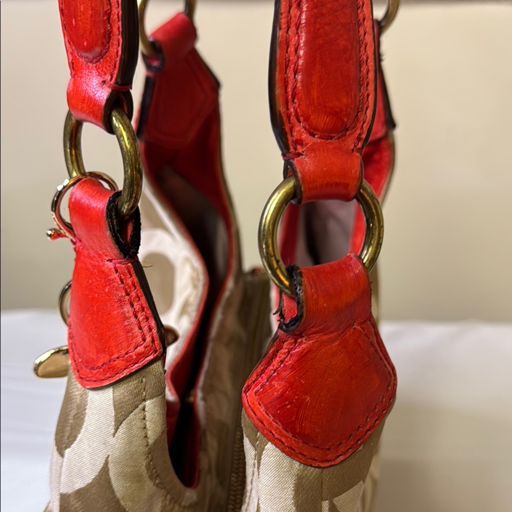 Coach Tan and Orange Signature Monogram Bag featuring Carriage logo on front. - Picture 14 of 16